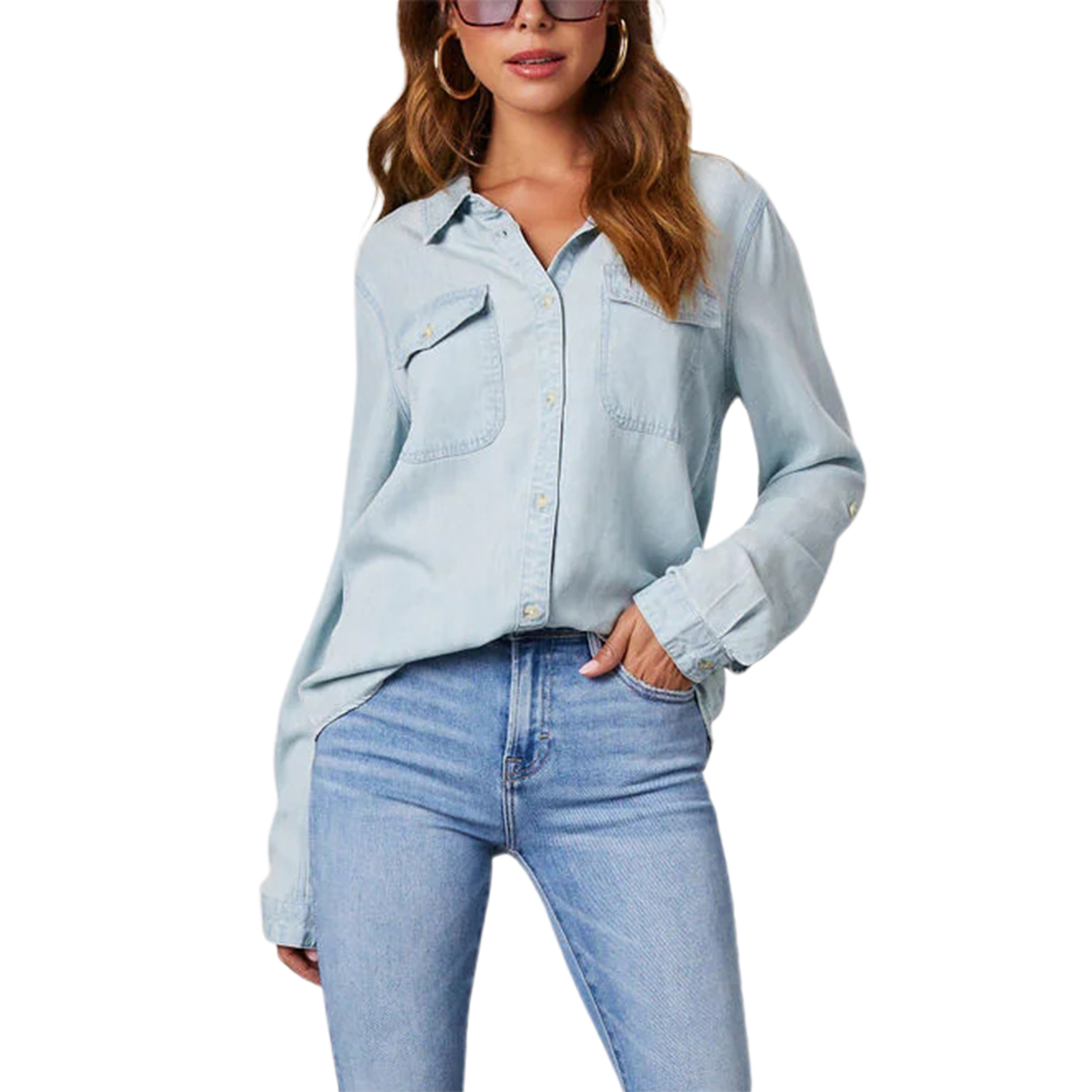 Vår lösa casual toppar kvinnor denimskjortor enfärgade nedåtgående krage långärmade jeansblusar streetwear: S / Ljusblå