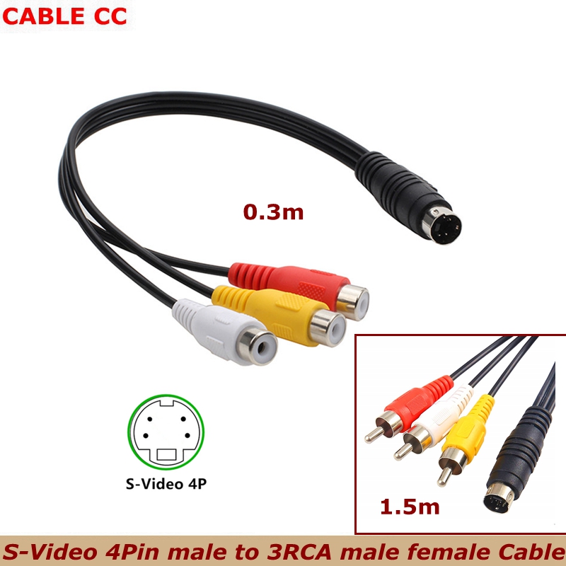 Cable adaptador de Audio y vídeo AV Mini DIN 4 Pin s-video macho a 3 RCA macho hembra, 30cm, 150cm, DVD, PC, TV