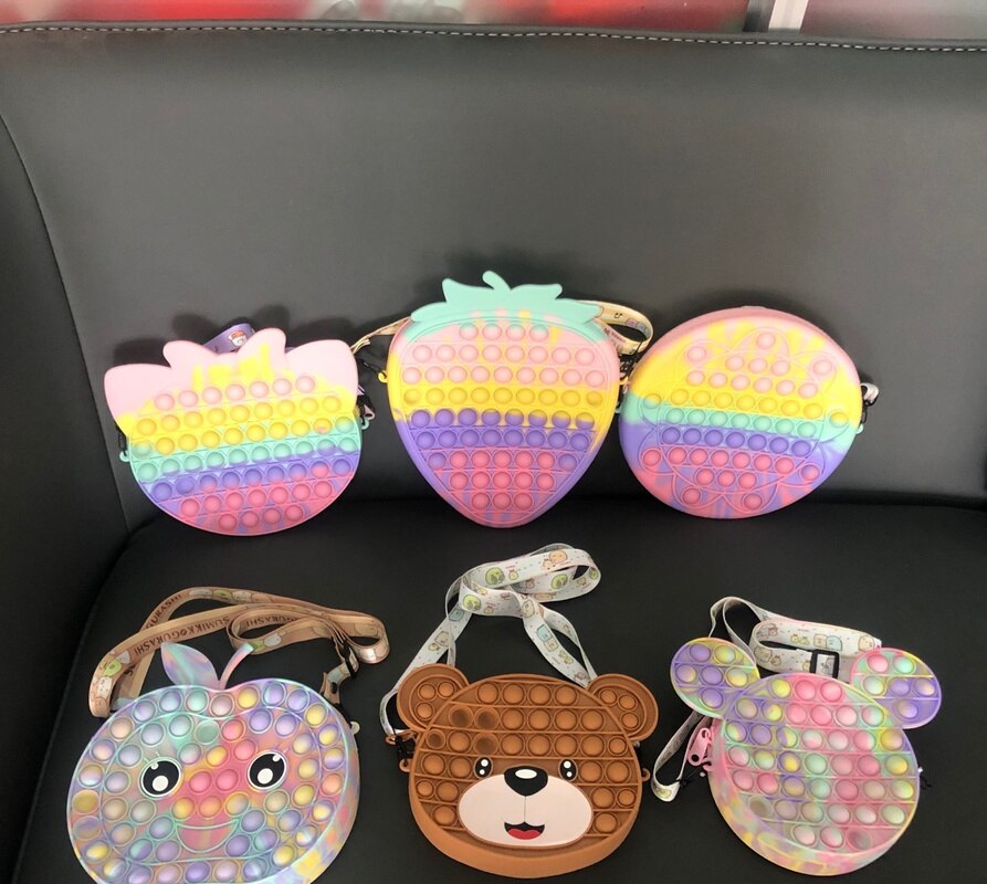 Kawaii – sac à main licorne ours fraise PopIt Fidget, jouets presse à doigt, sac à bandoulière, soulage l&#39;anxiété et le Stress, mignon