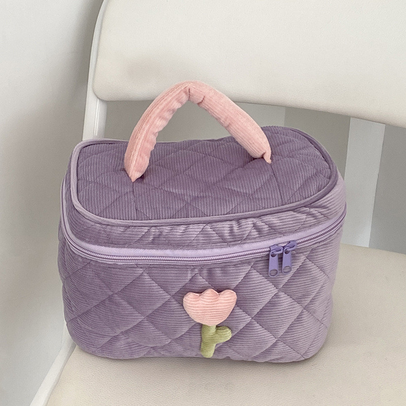 PURDORED 1 Pc borsa per trucco fiore tinta unita cerniera grande borsa cosmetica in velluto a coste morbido viaggio femminile trucco organizzatore Beauty Case: purple-L