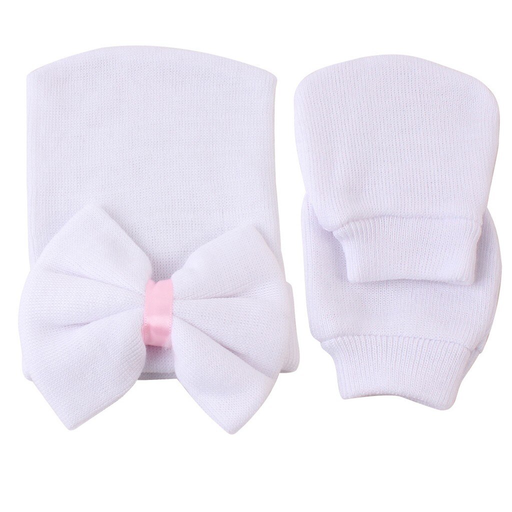 2pcs Boys Winter Hat Glove Newborn Bowknot Stripe Hat Baby Cotton Blend Beanies With 1pair Safety Gloves Теплая Шапка На Девочку