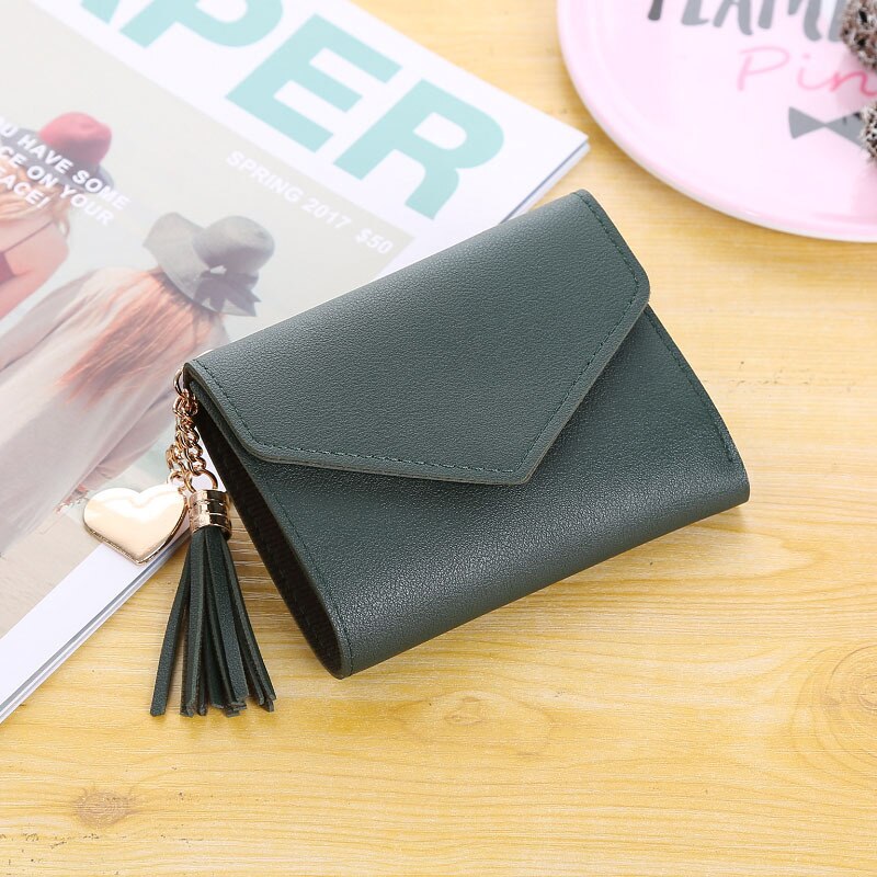 Cartera de cuero Pu con borlas para mujer, cartera con colgante, Portable, con botón, para tarjetas: green