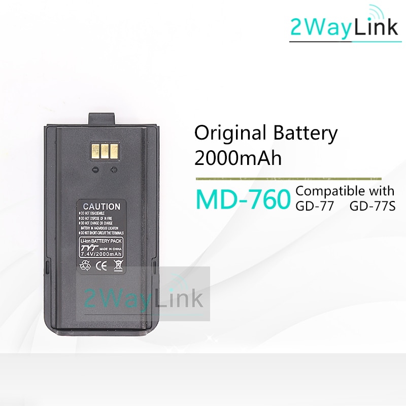 Originele TYT MD-760 Batterij Compatibel met DMR Radio GD-77 Li-Ion 2000 mAh DC7.4V Compatibel Batterij GD 77 GD-77BB GD-77S