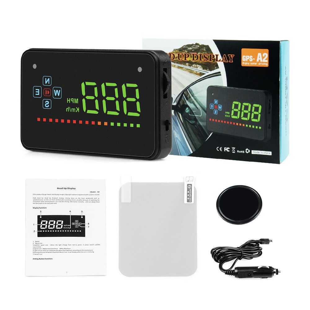 Projektor prędkości GPS cyfrowy prędkościomierz samochodowy A2 elektronika wyświetlacz głowa w górę automatyczny HUD projektor szyby kompatybilny ze wszystkimi samochodami