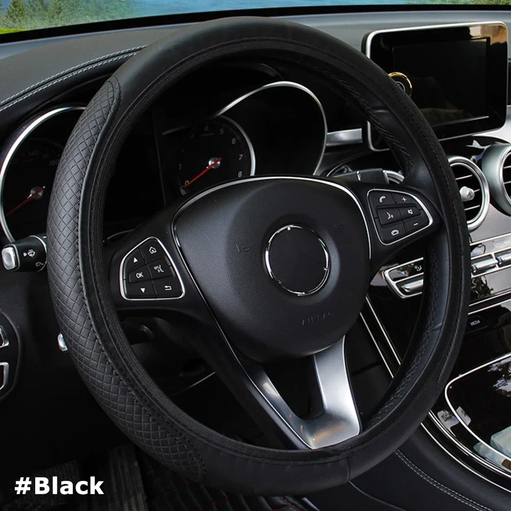 Protector Universal para volante de coche, cubierta protectora de cuero de microfibra, antideslizante, transpirable para Protector de volante de 38cm: Negro