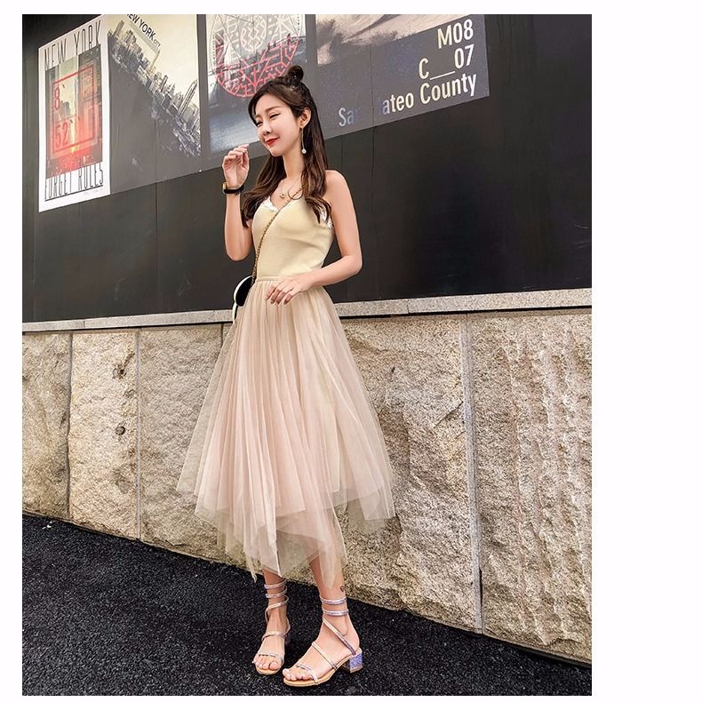 Zomer Half Lengte Elastische Rok Zwart Roze Mesh Rokken Voor Vrouwen Rok Kant Tule Bouffant Puffy Rok Mode Tutu Rokken: S / Apricot