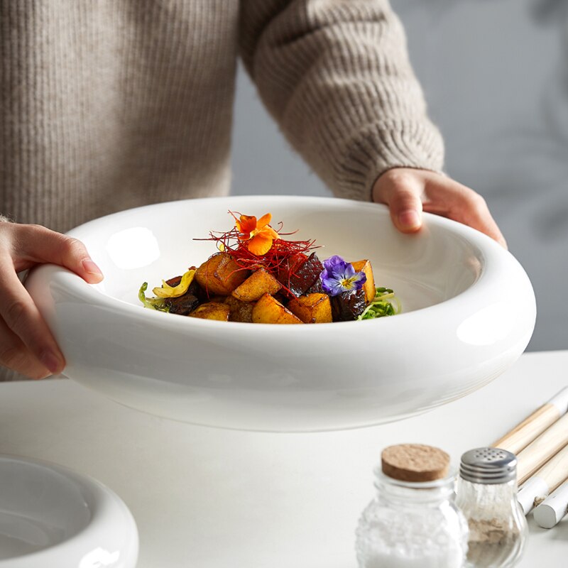 Plato blanco de Hotel, vajilla nórdica, placa de cerámica doméstica, placa de aislamiento, placa gruesa occidental, platos de cena para sala de estar