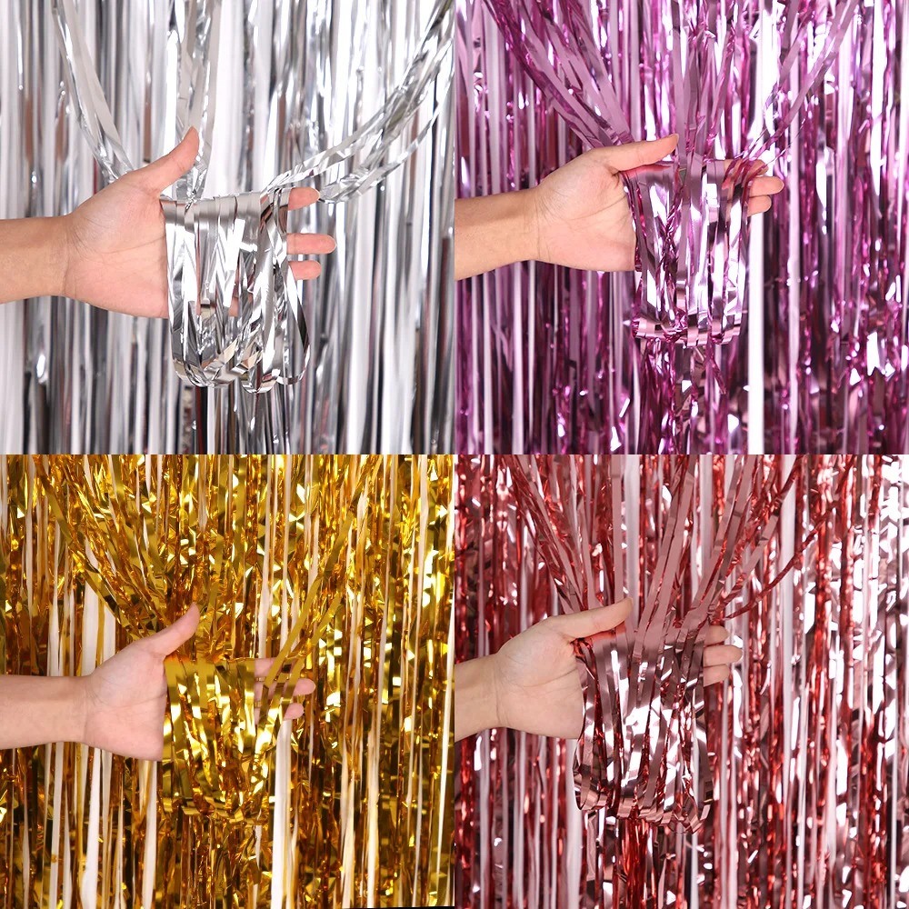 Verjaardagsfeest bruiloft decoratie achtergrond gordijnen glitter glanzende franjes lametta foliegordijn babyshower jubileum