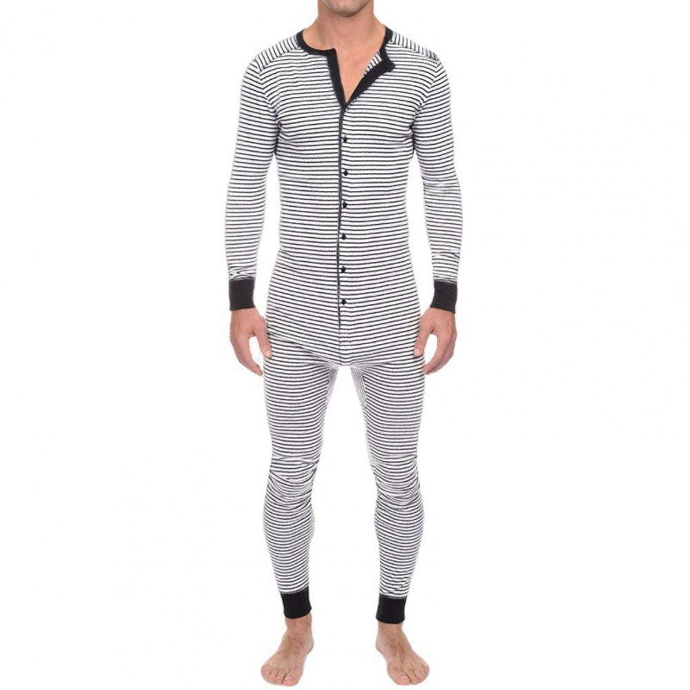 Horizontale Gestreepte Een-Sies Voor Volwassenen Mannen Lange Mouw O Hals Nachtkleding Jumpsuits Mannen Romper Lange Algehele Homewear Mens een-Sies