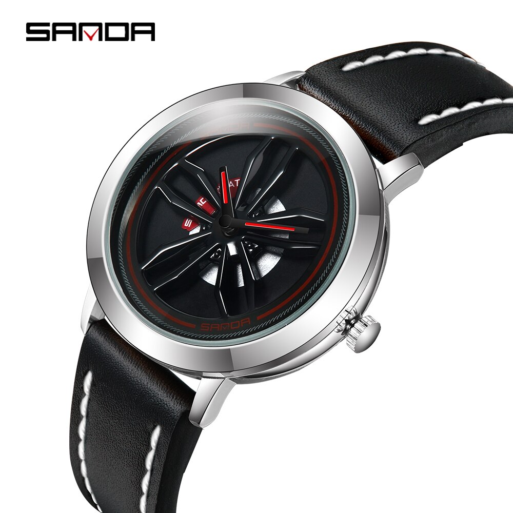 Rotating Wheel Dial Men Watches Car Rim Sports Quartz Watches Waterproof Leather Band Watches Relogio Masculino: Silver