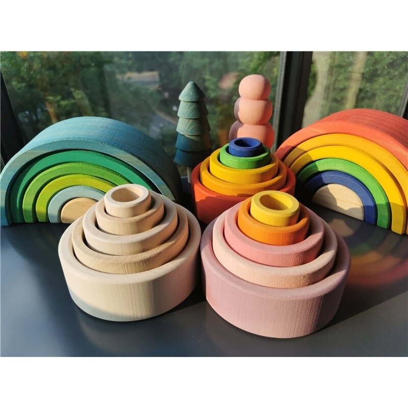 Baby Montessori Holz Spielzeug Regenbogen Verschachtelung Schalen Baswood 6 Schicht Bogen Hefter Blöcke Bäume