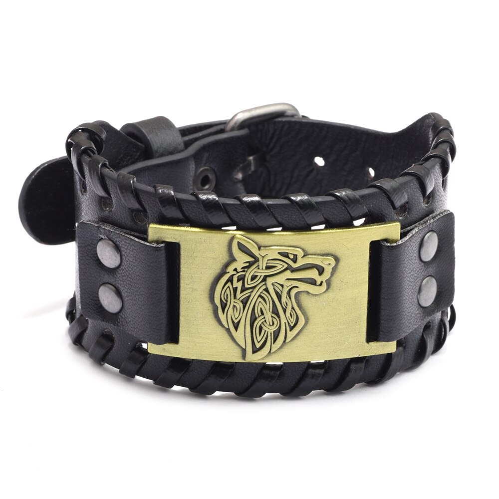Bracciale vichingo lupo Fenrir bracciale gotico talismano scandinavo nordico Vintage ▾ per gioielli pagani celtici regali per uomo marito: PU Ancient bronzo