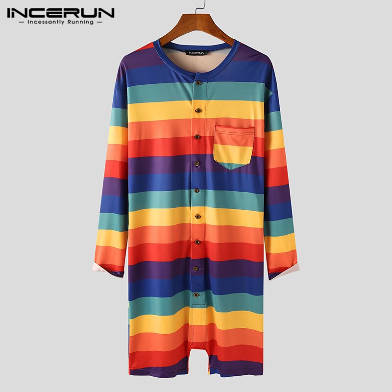 INCERUN Men Striped Romper Pajamas Colorful Long Sleeve Button Casual Jumpsuits Homewear Cozy Fitness Mens Overalls Nightwear