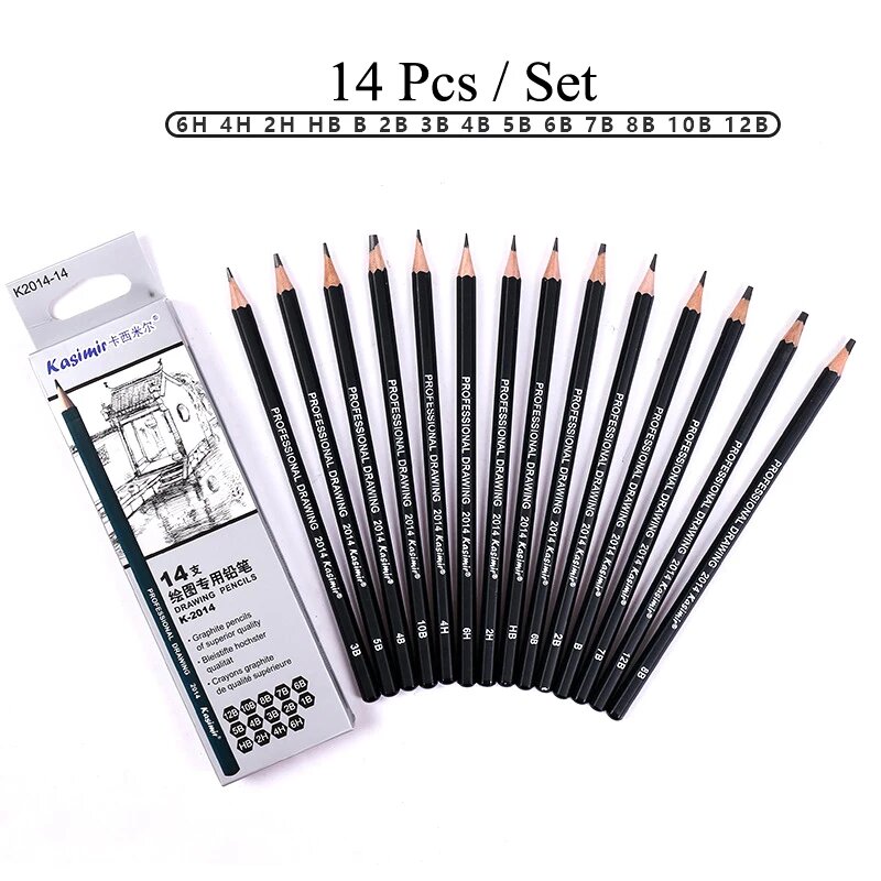 14pcs/Box Kasimir Drawing Pencil Set Art Sketch Thick Lead HB 2H 4H 6H B 2B 3B 4B 5B 6B 7B 8B 9B 10B 12B Pencils for School