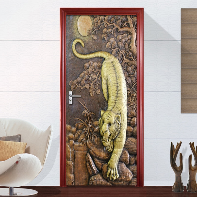 DIY Door Sticker PVC Waterproof Self-adhesive 3D Embossed Tiger Forest Wallpaper Poster Living Room Door Decor Mural 3D Decals