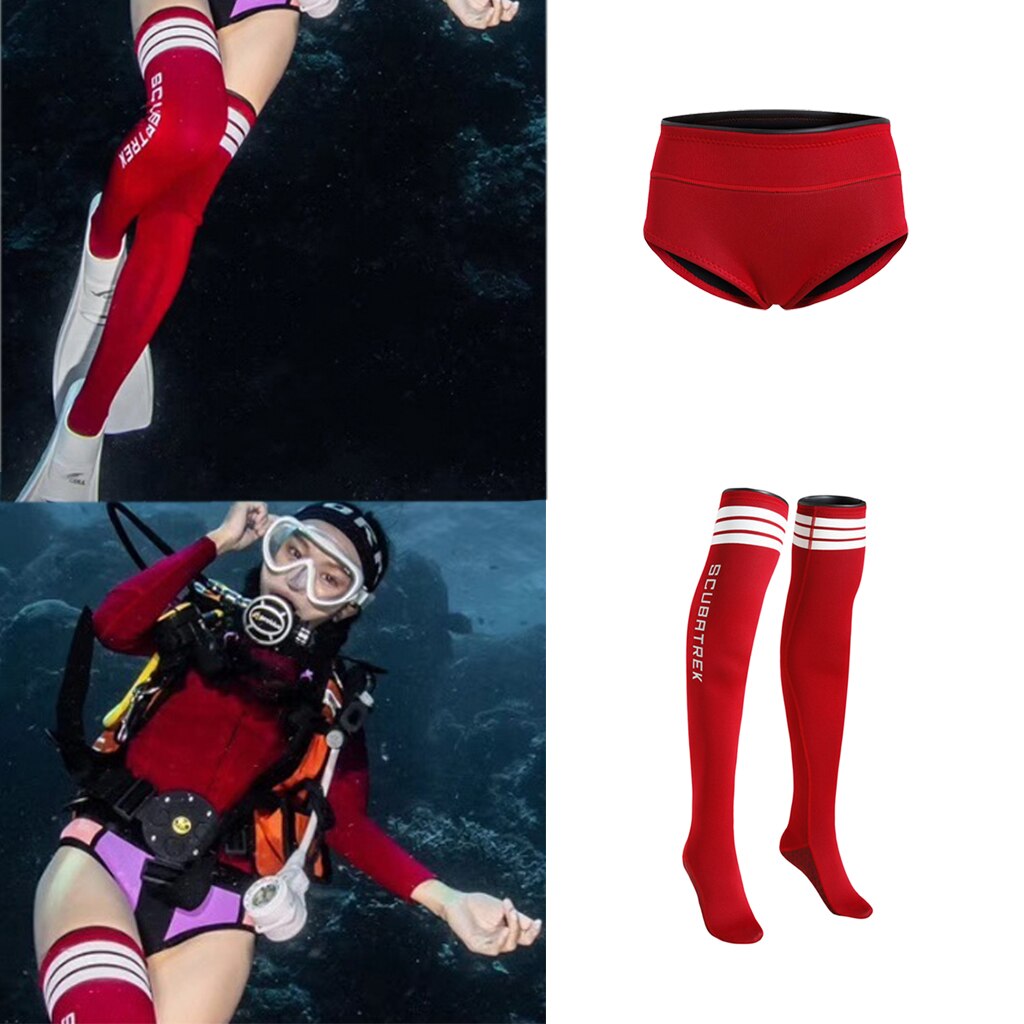 Women's Wetsuit Shorts - Neoprene Diving Suit - Anti-Slip Fin Socks - Red