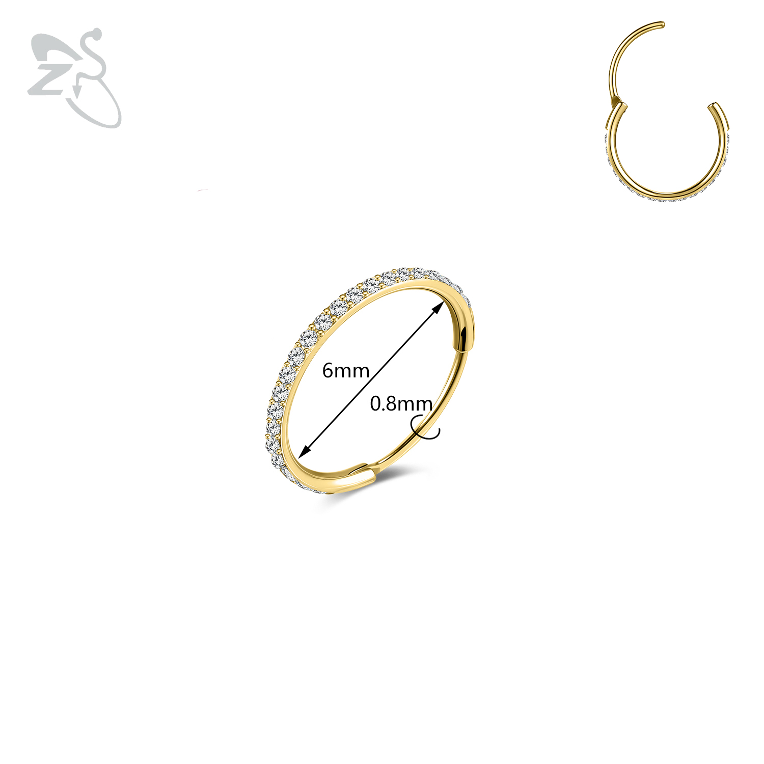 Zs 1pc runde krystal næse piercing sølvfarvet septum ring rustfrit stål næse clicker brusk piercing 20g kropssmykker: Lysegul guldfarve