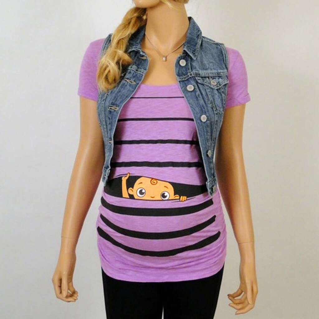 Ropa de maternidad lindo divertido impreso para bebé a rayas de manga corta Camiseta de embarazo Top para embarazadas ropa de lactancia: Púrpura / XL
