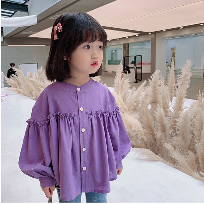 Herfst Meisjes Lange Mouwen Koreaanse Blouses Kids Katoen Blouses: Paars / 3T
