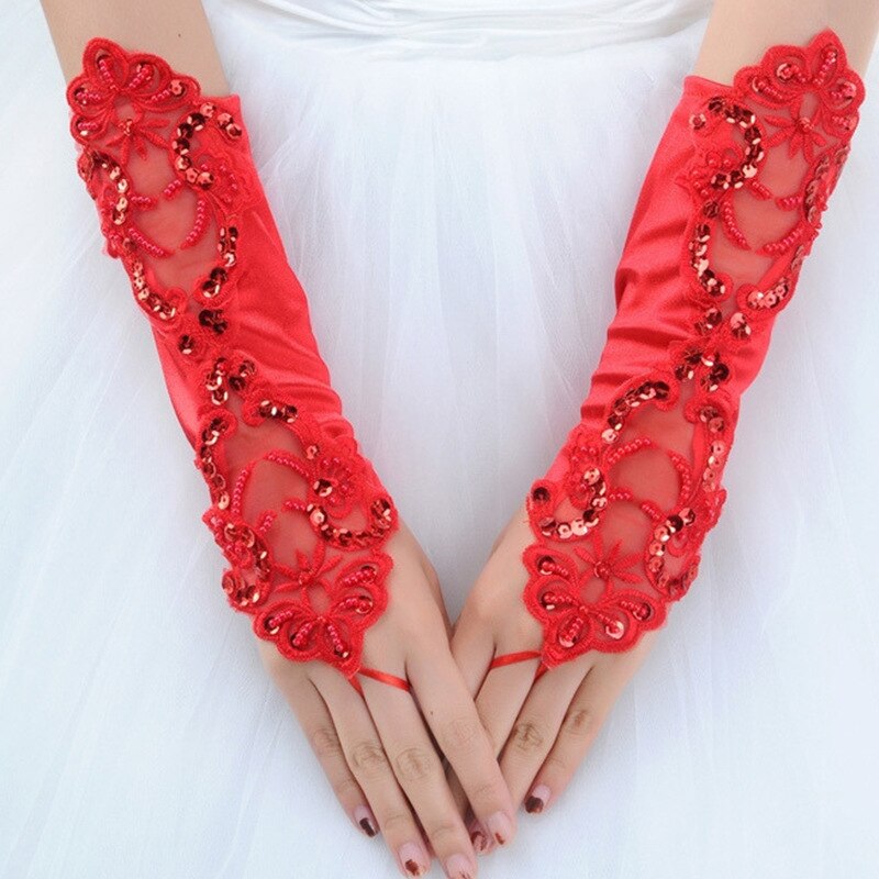 Gants de mariage pour mariée perle multicolore satin sans doigts mariée gants de mariage coude spot applique mariage perlé: Rouge