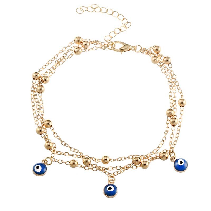 Tobillera Bohemia con colgante de ojo malvado azul, cadena para pierna, Accesorios de playa Retro de verano, joyería de múltiples capas para pies, cadenas de cuentas: C1102-05