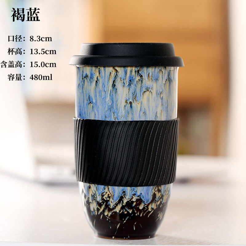 Large Ceramic Kiln Change Mug Cup With Lid Portable Couple Pottery Coffee Cups Water Mug Porcelain Milk Tea Mugs: E-480ml