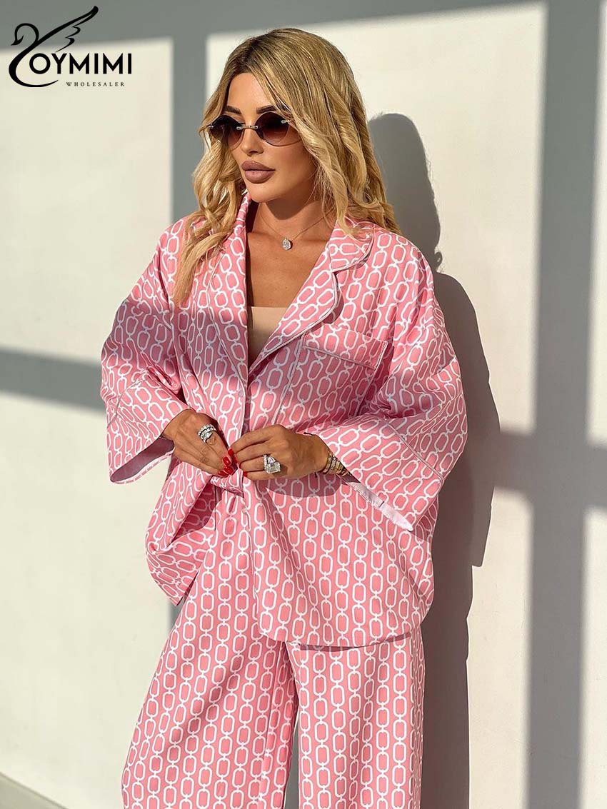 Oymimi casual rosa conjuntos de impressão das mulheres 2 peças moda solta três quartos manga bolsos camisas e calças retas conjuntos femininos