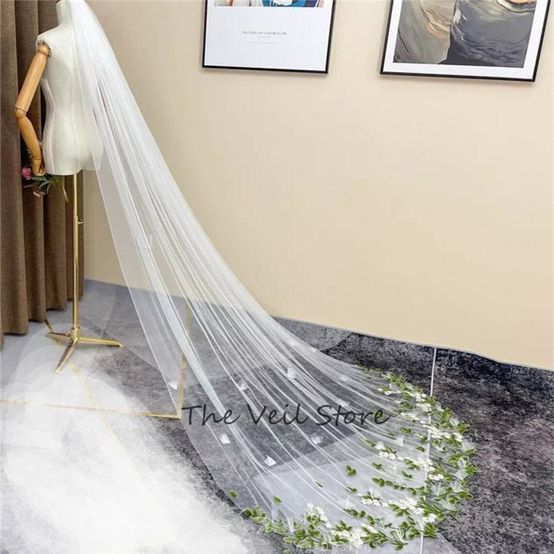 Lange Kathedraal Bloemen Bruids Bruiloft Sluiers Met Kam Tule Witte Ivoor Wilde Bloemen En Bladeren Groen Geel Appliques Luxe