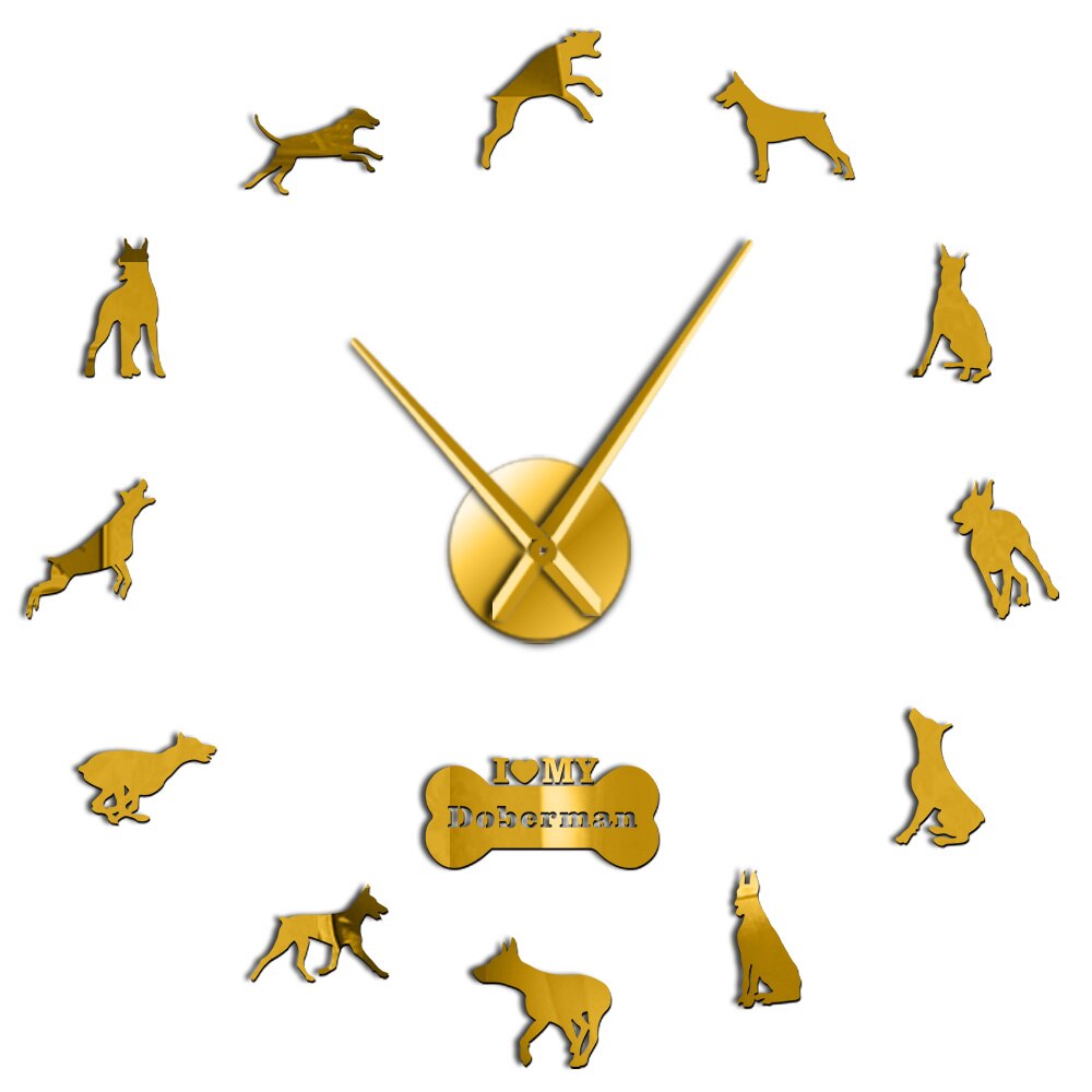 Doberman Pinscher 3D DIY Silent Wall Clock Quartz Clock Watch Battery Operated Pet Store Framless Wall Decor for Dog Lover: Gold / 27inch