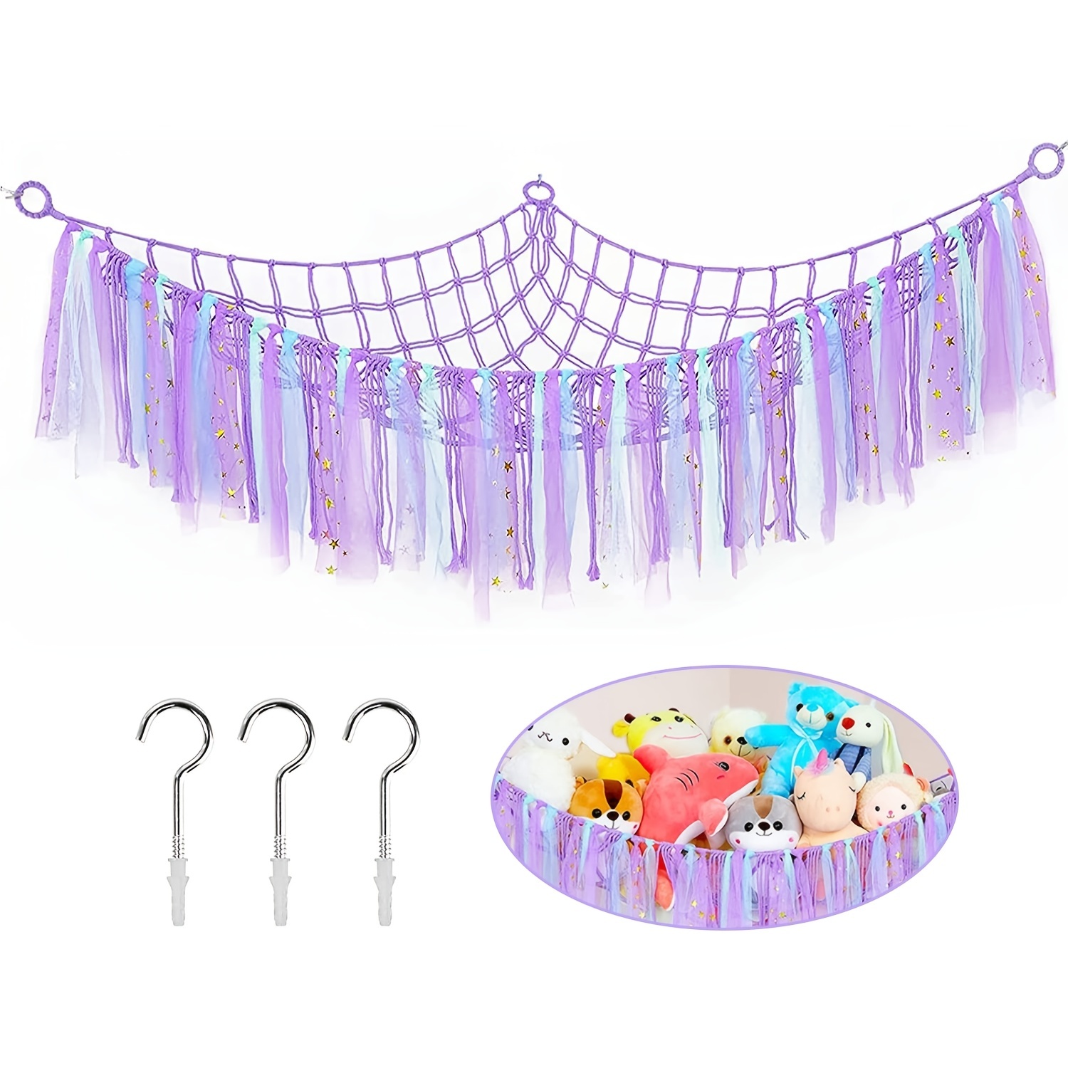 Hamac avec glands, filet de rangement pour animaux en peluche, support et jouet en peluche, filet suspendu d'angle doux fait à la main, support de jouet