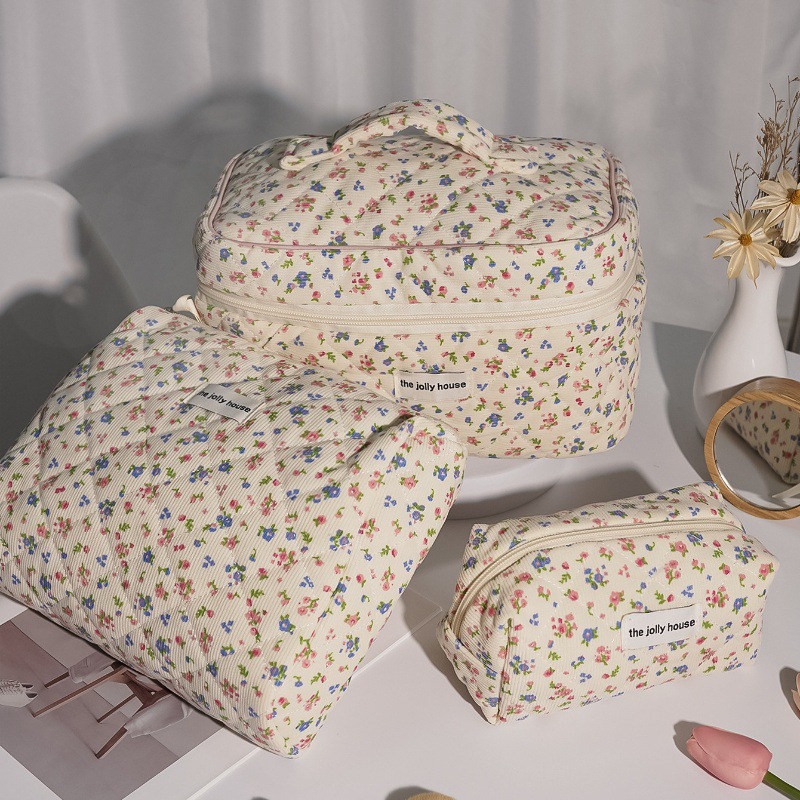 Moda Vintage Flower Women Makeup Bag Cotton Tote Portable Female Cosmetic Storage Handbag Travel Organizer Zipper Quilted Bag