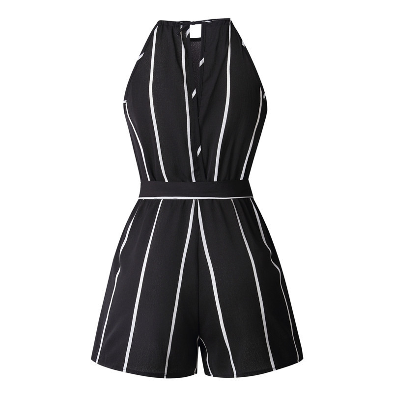 Stribe bandage playsuit ærmeløs løs afslappet o-hals strandfest overalls til kvinder blå catsuit combishort femme ete wy*
