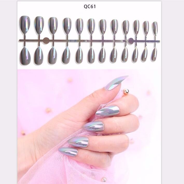 24 stk reflekterende spejl sølv pink metalbelægning falske negle akryl neglespidser metalliske spidse fingernegle: Qc61