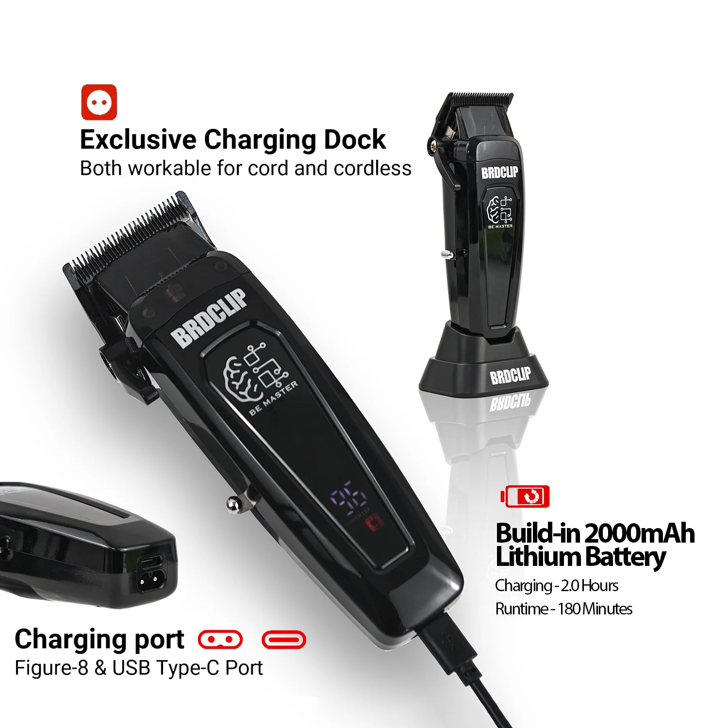 BRDCLIP BRD106 cortadora de pelo eléctrica inalámbrica con cabezal de aceite , cortadora de peluquería de 7500RPM, máquina de peluquero con cuchilla DLC para hombres
