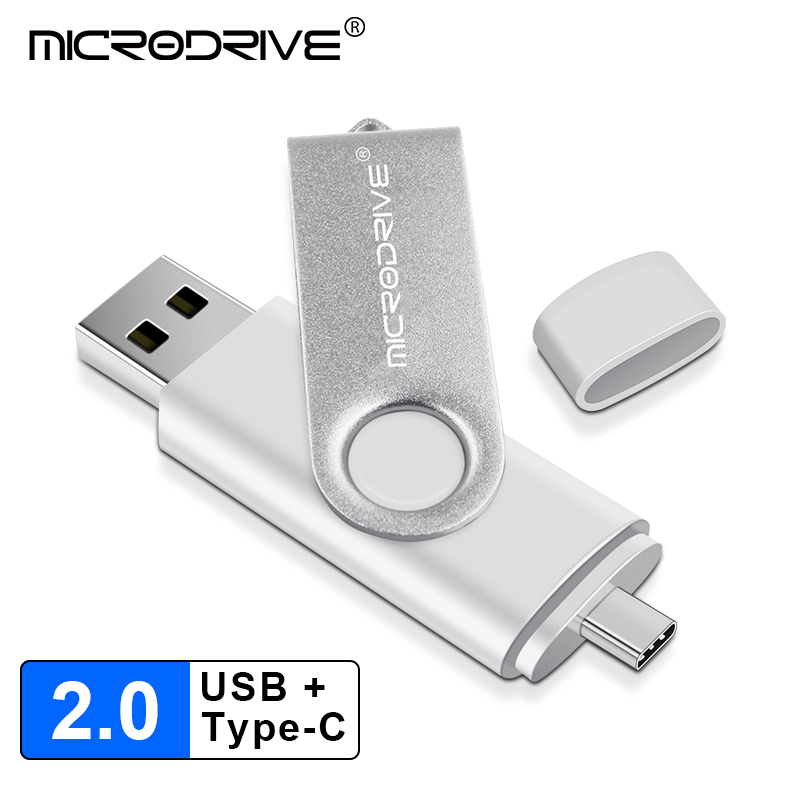 Tipo-C OTG USB 2.0 Flash Drive 64GB 32GB Pen Drive Memória de telefone inteligente Mini USB Stick 128GB 256GB Tipo - C Plugue duplo duplo: Prateado / 32 GB