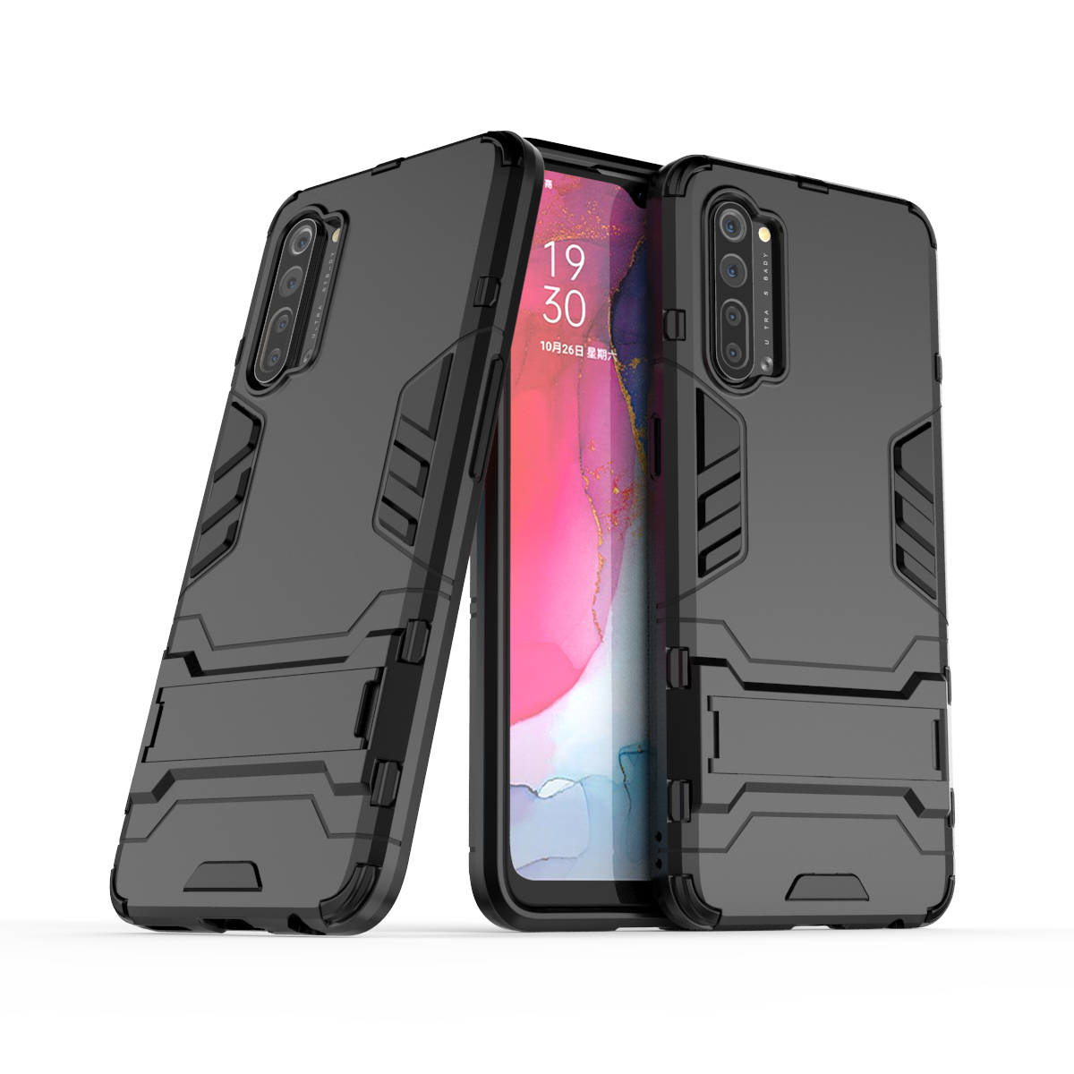 Funda de armadura híbrida para OPPO Reno 5Z 5g 5 Pro Plus 4 SE 4 Pro 4g 3 Pro 2 Z con soporte, funda de teléfono protectora para Reno A Z: Neopreno / Negro