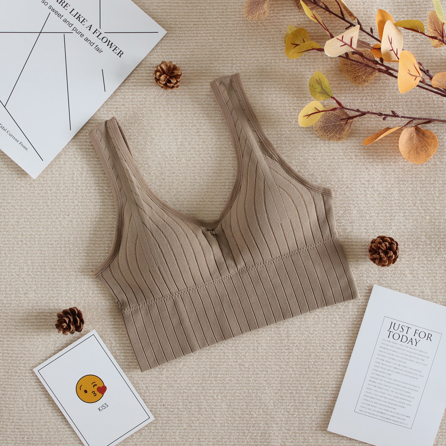 Seamless Padded Crop Top Women Bra Sports One-Piece Tube Top Underwear Striped Wireless Lingerie: khaki top