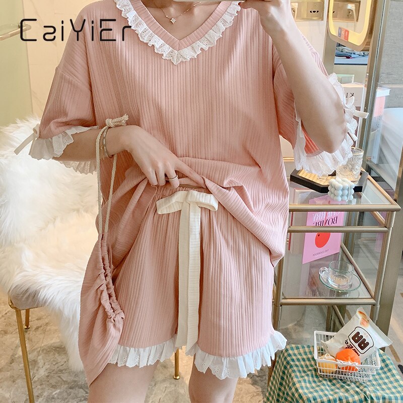 CAIYIER Summer Sweet Girl Lace Pajamas Set Cotton Pink Blue Short Sleeve Sleepwear Princess Style Ladies 3 Piece Nightwear