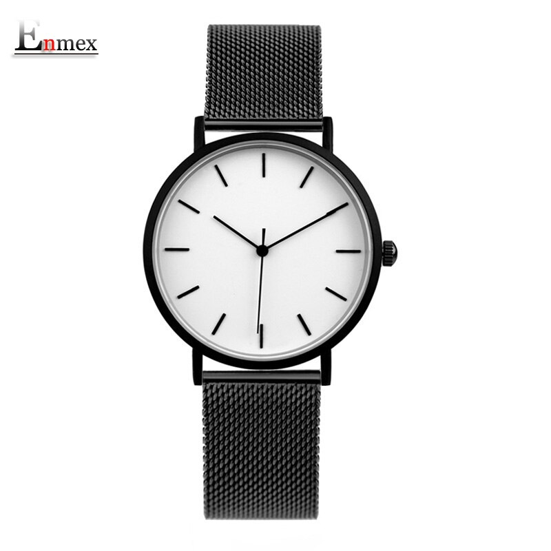 Enmex cool style lady wristwatch Brief vogue simple stylish Black and white face stainless steel quartz clock watch