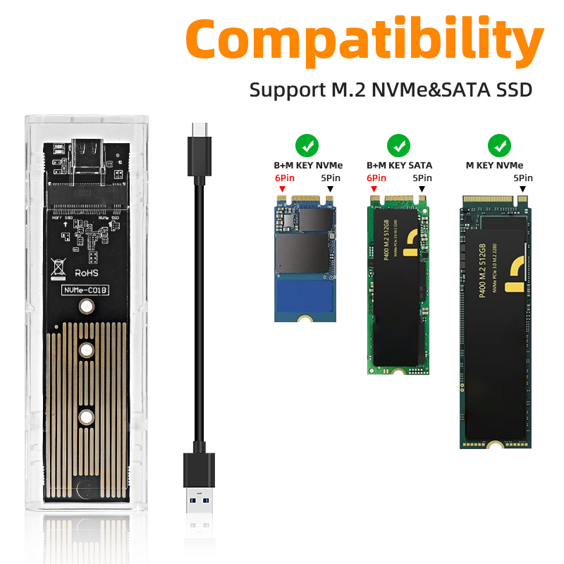 M.2 NVME PCIe NGFF SATA Dual Protocol SSD Case Clear USB Type C 10Gbps PCI-E M2 SSD Transparent External Enclosure Hard Disk Box: Gold