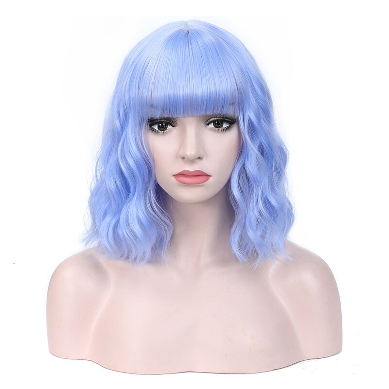 Perucas de cabelo curto ondulado sintético da onda de água com franja fibra resistente ao calor cosplay peruca de cabelo diário preto vermelho azul claro: Light Blue