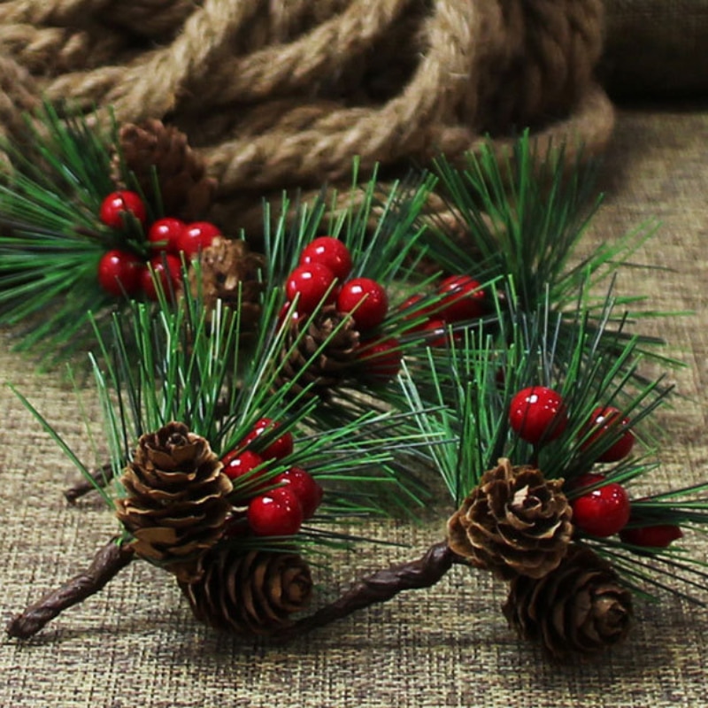 10pcs Artificial Flower Red Christmas Berry Pine Cone With Holly Branches Mini Christmas Tree Decoration Home Decor Flower Craft