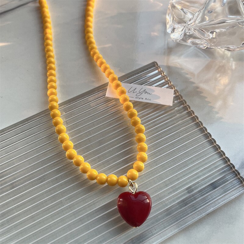 Moda colorata carino perla girocollo collari da donna amore cuore ciondolo collana moda accessori gioielli femminili: yellow