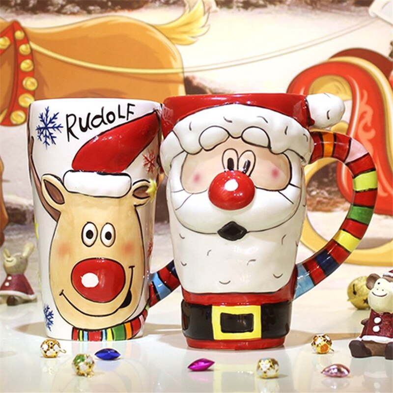 600ml 3D Santa Claus Cartoon Painted Ceramic Cup Coffee Milk Tea Breakfast Mug Home Office Collection Cups Christmas