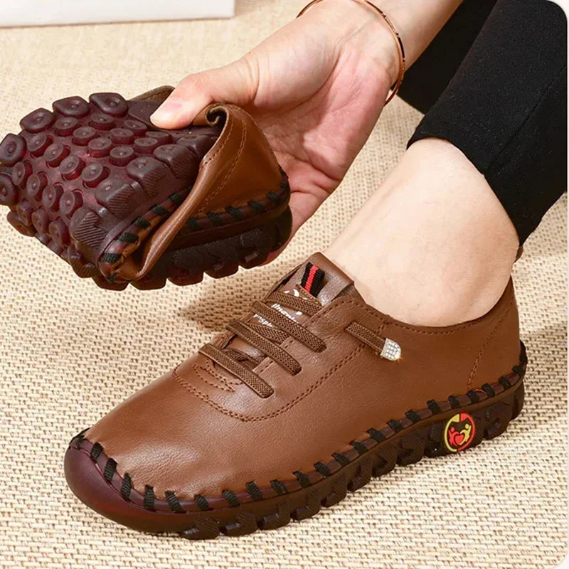 Zapatillas De deporte para Mujer, mocasines De cuero, zapatos cómodos sin cordones, hilo De coser a mano, zapatos para mamá, Zapatillas De Mujer