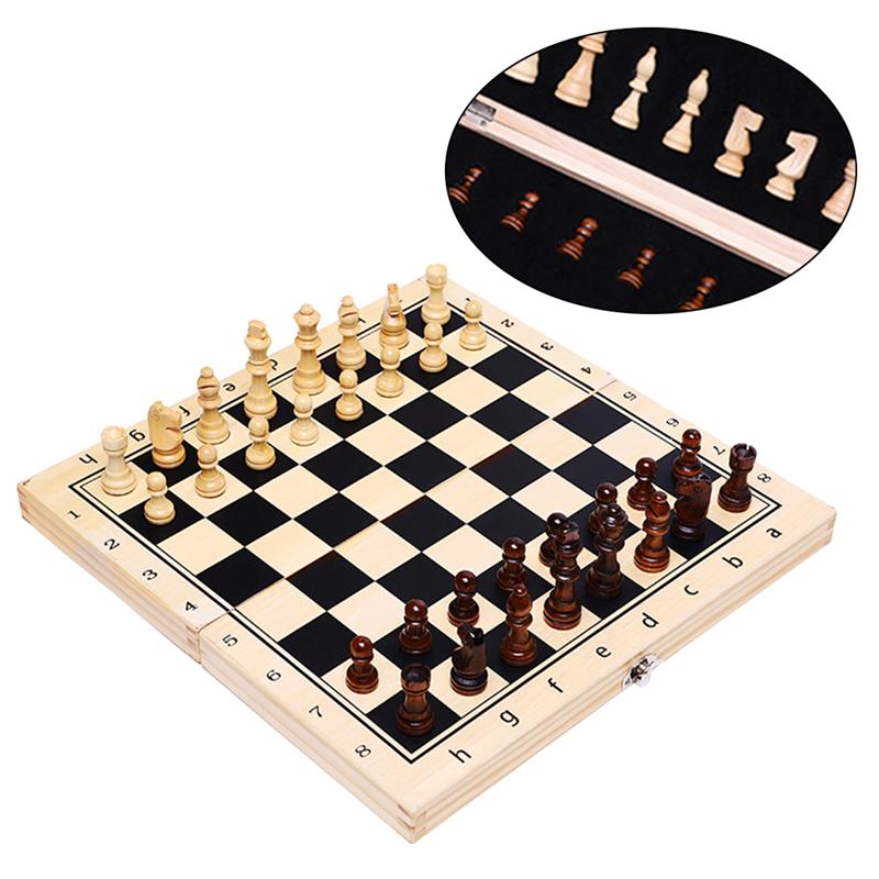 1 Set Foldable Chess Checkers Set Wooden Case Travel Chess Board Portable Classic Educational Toys for Home Kids Adults