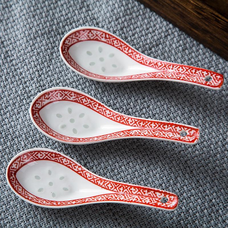 Cuchara sopera de cerámica roja Retro, accesorios de cocina cucharillas, cucharas de arroz, porcelana de Jingdezhen para el hogar