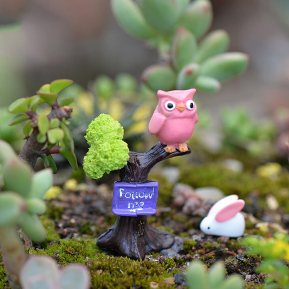 1PCS DIY Resin Owl & Tree Branch Mini Crafts Miniatures Fairy Garden Ornaments Bonsai Micro Landscape Garden Decoration: pink