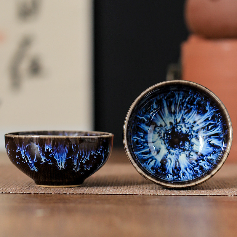 45ml copo de cerâmica doméstico forno mudança xícara de chá mestre copo de degustação copo de água azul cetim tigela de chá jianzhan casa de chá cha teaware: Preto