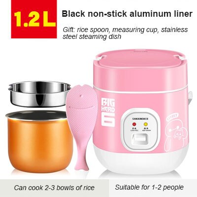 1.2l / 1.8l mini elektrisk ris komfur 2 lag opvarmning mad damper multifunktion mini måltid madlavning pot 1-2 personer madkasse: Lyserød -1.2l-02